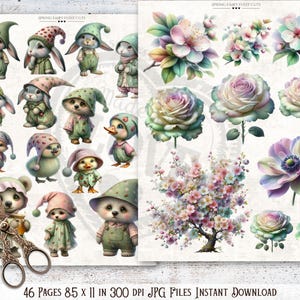 Puede incluir: Dos hojas de arte digital con ilustraciones caprichosas. Una hoja presenta adorables personajes de animales con trajes y sombreros pastel. La otra muestra flores de acuarela, incluyendo rosas y flores de cerezo. El texto dice: "SPRING FAIRY FUSSY CUTS" y "46 P&Aacute;GINAS 21,6 x 28 cm EN 300 DPI ARCHIVOS JPG DESCARGA INSTANT&Aacute;NEA".