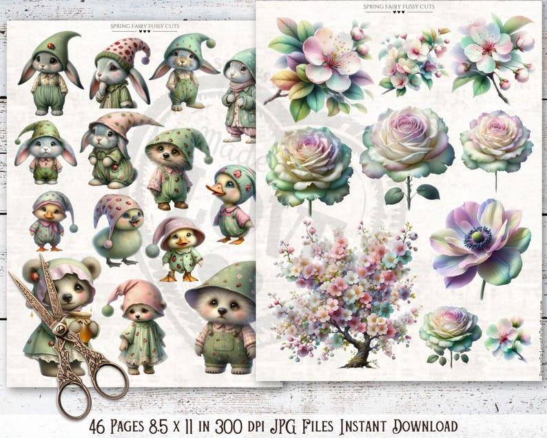 Puede incluir: Dos hojas de arte digital con ilustraciones caprichosas. Una hoja presenta adorables personajes de animales con trajes y sombreros pastel. La otra muestra flores de acuarela, incluyendo rosas y flores de cerezo. El texto dice: "SPRING FAIRY FUSSY CUTS" y "46 P&Aacute;GINAS 21,6 x 28 cm EN 300 DPI ARCHIVOS JPG DESCARGA INSTANT&Aacute;NEA".