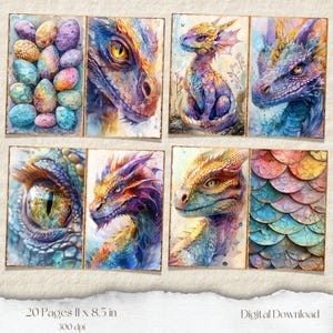 May include: A set of 20 digital printable pages featuring watercolor illustrations of dragons and eggs. The pages are 11 inches by 8.5 inches and 300 dpi. The illustrations are in shades of blue, purple, yellow, and green.