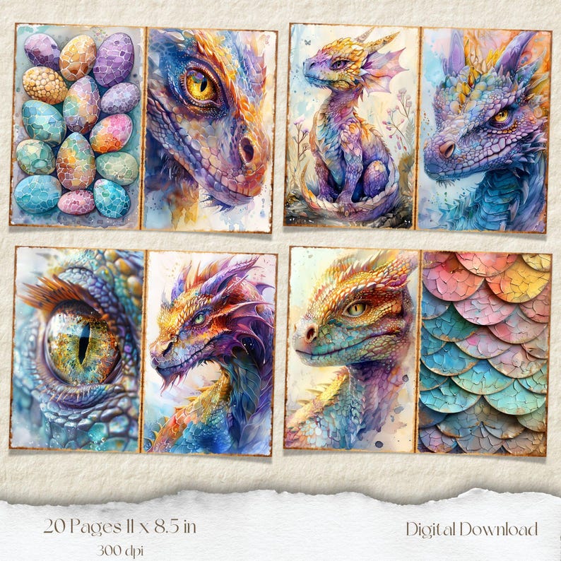 May include: A set of 20 digital printable pages featuring watercolor illustrations of dragons and eggs. The pages are 11 inches by 8.5 inches and 300 dpi. The illustrations are in shades of blue, purple, yellow, and green.