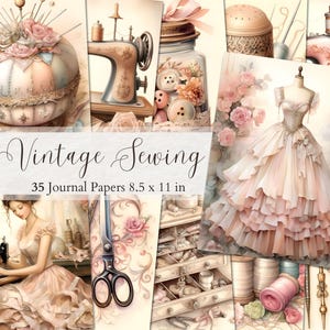 Páginas de diário de costura vintage, imprimíveis de costura, suprimentos para scrapbook vitoriano, folhas de colagem, itens efêmeros para máquina de costura, costureira antiga