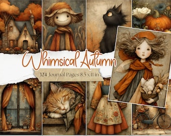 May include: A collection of whimsical autumn-themed journal pages. The artwork features illustrations of a cottage, a scarecrow, a black cat, a girl with a basket, and a sleeping cat. The text "Whimsical Autumn" and "324 Journal Pages 8.5 x 11 in" are visible.