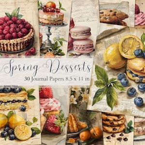 Páginas de diário de sobremesas de primavera, imprimíveis de livros de receitas, utensílios de cozinha, livros de receitas vintage, suprimentos para scrapbooking, bolos, papéis digitais