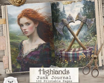 Junk Journal-pagina's Schotse Hooglanden – afdrukbare kit Keltische volksfantasie (digitale download)