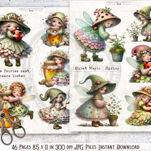 Puede incluir: Una hoja de collage digital con ilustraciones de hadas caprichosas. Las hadas se representan en varias poses, con vestidos y sombreros, e interactuando con flores y mariquitas. El texto incluye "Where fairies rest, flowers listen", "Quiet Magic Spring", y detalles del archivo.