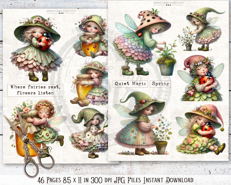 Puede incluir: Una hoja de collage digital con ilustraciones de hadas caprichosas. Las hadas se representan en varias poses, con vestidos y sombreros, e interactuando con flores y mariquitas. El texto incluye "Where fairies rest, flowers listen", "Quiet Magic Spring", y detalles del archivo.
