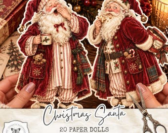 Christmas Santa Paper Dolls, 20 Vintage Santa Fussy Cuts, Christmas PNG Clipart, Junk Journal Ephemera, Digital Download