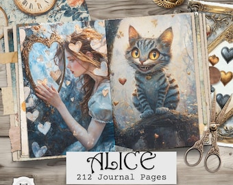 Páginas de diario basura de Alicia en el País de las Maravillas: Fiesta del té, efímera imprimible de estilo shabby chic, descarga digital