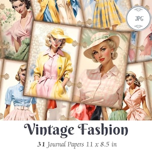 Vintage jaren 1950 mode ongewenste dagboekpagina's retro jaren 50 jurk printables kortstondige afdrukbare jaren 1950 mode scrapbook papieren digitale download