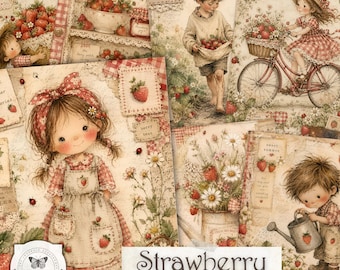 Strawberry Junk Journal Pages – Cottagecore Printable Journal Kit, Whimsical Ephemera, Digital Download