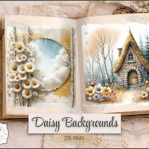 May include: Open book with watercolor illustrations. One page features daisies and a cloudy sky, the other a cottage in a forest. The text "Daisy Backgrounds" and "226 Pages" are visible.
