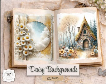 Daisy Cottagecore Junk Journal Backgrounds – Spring Floral Printable Papers for Art Journaling, Rustic Garden Digital Download