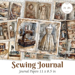 Peut inclure: Un collage d'illustrations à l'aquarelle sur le thème de la couture. Les images comprennent une machine à coudre vintage, des mannequins, du tissu, des ciseaux et une femme en train de coudre. Le texte "Sewing Journal" et "Journal Papers 11 x 8.5 in" est également présent.