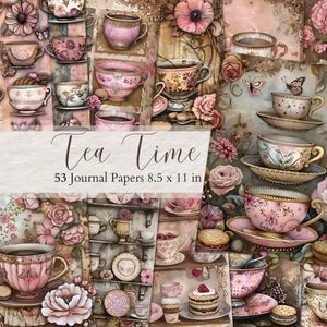 Tea Time Junk Journal Pages, afdrukbare kit theepot, Tea Party digitale download, bloemenachtergrond, Victoriaanse collagebladen digitaal plakboek