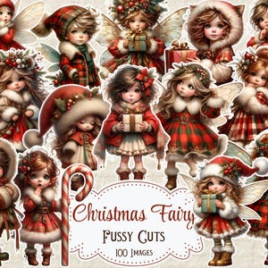 May include: A selection of Christmas fairy fussy cuts. The fairies are shown in different poses, wearing festive red and green outfits with white fur trim, wings, and hats. The image includes the text "Christmas Fairy Fussy Cuts 100 Images."