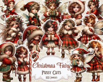 May include: A collection of Christmas fairy fussy cuts. The fairies are depicted in various poses, wearing festive red and green outfits with white fur trim, wings, and hats. The image includes the text "Christmas Fairy Fussy Cuts 100 Images."