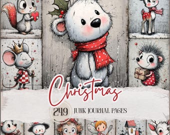 May include: A collage of whimsical Christmas-themed illustrations. It features a white bear with a red scarf, a squirrel holding a heart, and other cute animals. The word "Christmas" is written in red script, along with "249 Junk Journal Pages."