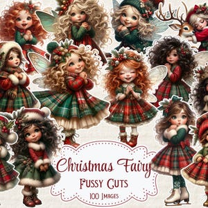 May include: A selection of Christmas Fairy fussy cuts. The fairies have curly hair, wings, and wear festive outfits in red, green, and white plaid. Some fairies are wearing hats and holding a deer. The text "Christmas Fairy" is visible.