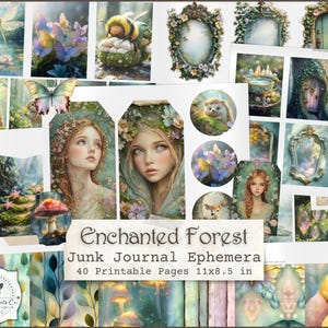 May include: A collection of Enchanted Forest junk journal ephemera featuring 40 printable pages measuring 27.9 by 21.6 cm. The imagery includes portraits of people, butterflies, mushrooms, hedgehogs, floral frames, and forest scenes in soft colours.