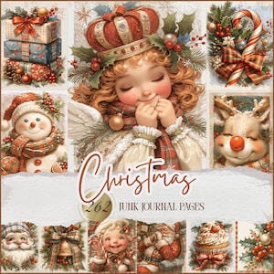 May include: A collage of Christmas-themed illustrations. Includes a stack of wrapped gifts, a snowman, a reindeer, and an angel wearing a crown. The word "Christmas" is written in a decorative font, along with "262 Junk Journal Pages."