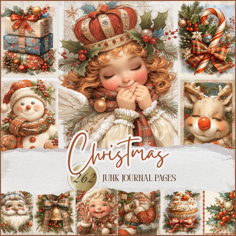 May include: A collage of Christmas-themed illustrations. Includes a stack of wrapped gifts, a snowman, a reindeer, and an angel wearing a crown. The word "Christmas" is written in a decorative font, along with "262 Junk Journal Pages."