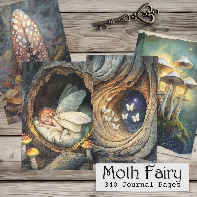 Op de afbeelding: Een verzameling ge&iuml;llustreerde dagboekpagina's met een fantasiethema. De pagina's bevatten afbeeldingen van een slapende fee, paddenstoelen, vlinders en een grote veer. De tekst "Moth Fairy" en "340 Journal Pages" staat onderaan.