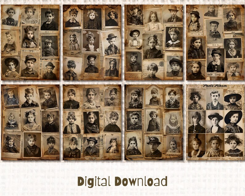 May include: A digital collage of vintage photographs of children, arranged in a grid pattern. The photos are in black and white and have a faded, antique look. The title "Photo Album" is visible at the top of the collage.