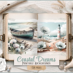 Puede incluir: Libro abierto con escenas costeras, con un barco en la playa y un faro. También se ven flores de amapola blanca y el texto "Coastal Dreams Printable Backgrounds 138 Pages". El libro tiene una estética vintage.