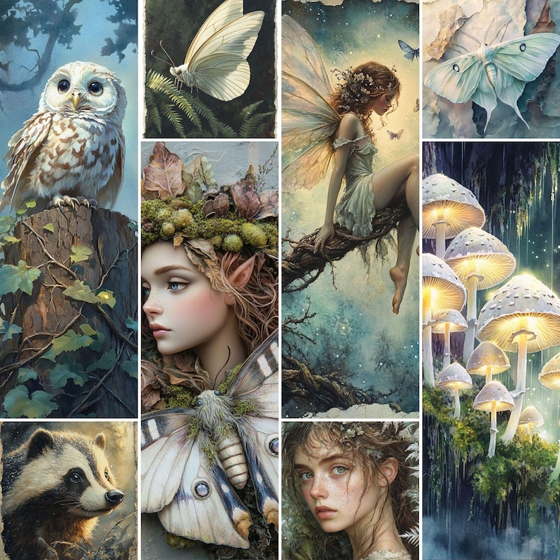Op de afbeelding: Een collage van aquarel illustraties met bosdieren en fantasie-elementen. Een uil zit op een boomstronk, een vlinder rust op een varen en een fee zit op een tak. Andere afbeeldingen zijn een mot, paddenstoelen, een wasbeer en een vrouw met een vlinder.