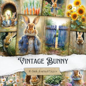 Pagine di diario di Pasqua con oggetti spazzatura, stampabili vintage con coniglietti, forniture per scrapbooking primaverili, carte digitali in stile Beatrix Potter, effimeri animali da giardino