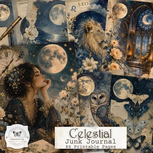 Op de afbeelding: Een verzameling van 86 printbare pagina's voor een Celestial Junk Journal in diepblauwe en crèmekleurige tinten. Ontwerpen bevatten een leeuw, een uil, vlinders, manen, een telescoop, een klok en een persoon, met de tekst Celestial Junk Journal.