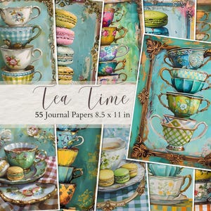Páginas de diário de chá vintage, xícaras de chá para impressão, suprimentos para scrapbook de chá, papéis digitais antigos para chá da tarde, kit de lembranças