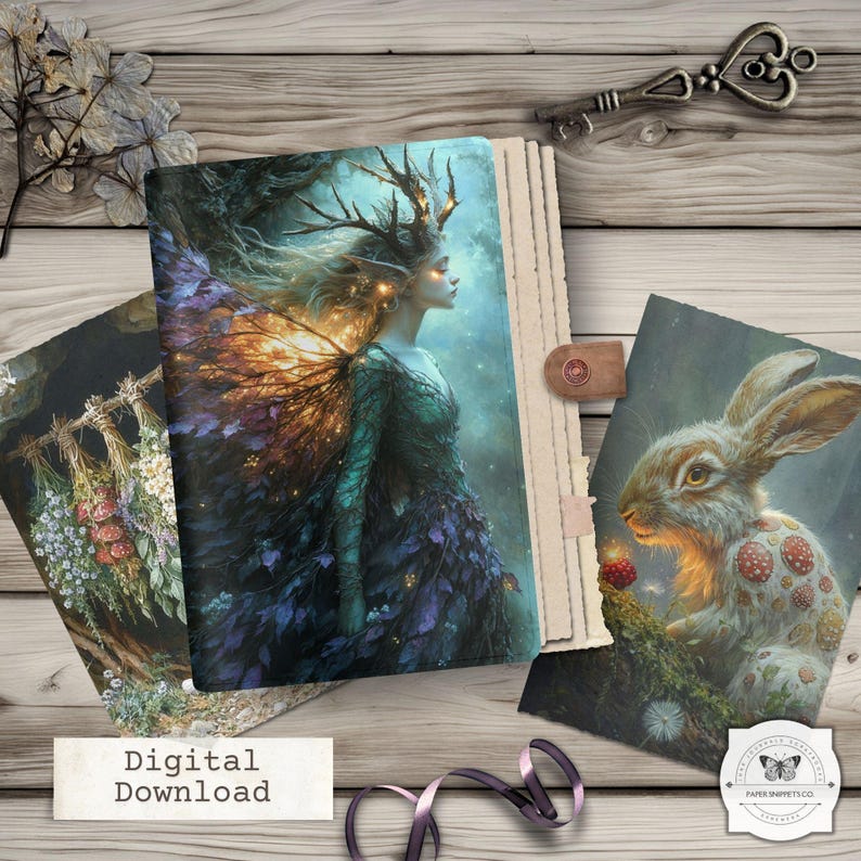 Peut inclure: T&eacute;l&eacute;chargement num&eacute;rique d'art fantastique. L'image pr&eacute;sente un carnet central avec une illustration de f&eacute;e, flanqu&eacute; d'autres impressions d'art. Une cl&eacute; et un ruban ajoutent des &eacute;l&eacute;ments d&eacute;coratifs. L'art a un th&egrave;me mystique et &eacute;th&eacute;r&eacute;.