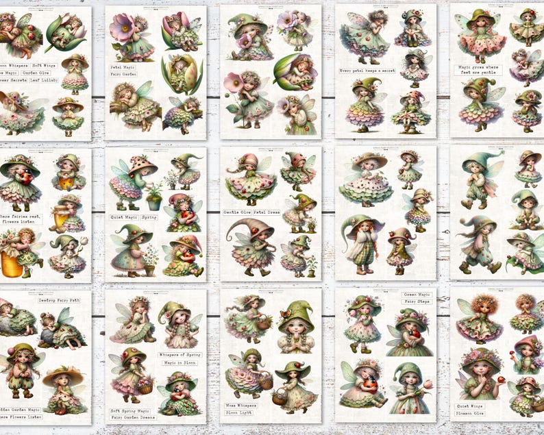 Puede incluir: Una colecci&oacute;n de pegatinas con tem&aacute;tica de hadas que presentan ilustraciones caprichosas de hadas en varias poses y atuendos. Las pegatinas muestran una paleta de colores suaves con elementos florales e inspirados en la naturaleza, perfectas para &aacute;lbumes de recortes y manualidades.