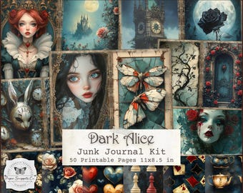 Dark Alice in Wonderland Junk Journal Kit – Gothic Printable Journal Pages, Dark Fairytale Ephemera, Alice Digital Papers