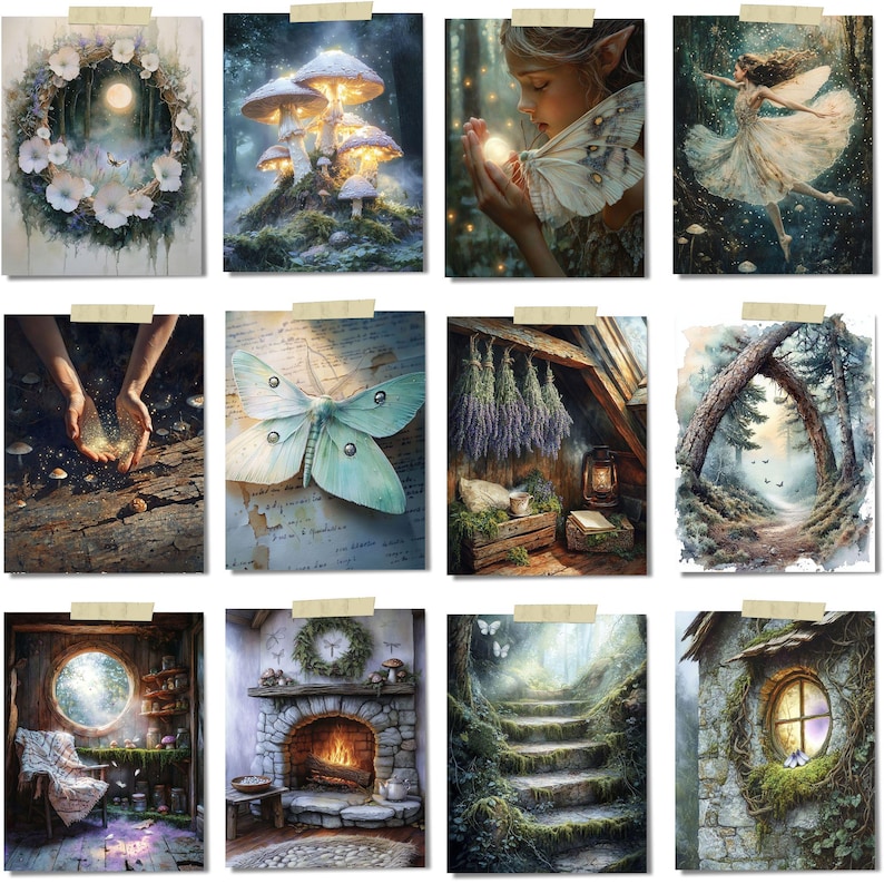 Op de afbeelding: Een verzameling van twaalf fantasie kunstprints. De prints tonen grillige sc&egrave;nes van fee&euml;n, paddenstoelen en de natuur. Elke print is op een witte achtergrond geplakt. Het kleurenpalet omvat groen, blauw en zachte aardetinten, wat een dromerige en betoverende esthetiek cre&euml;ert.