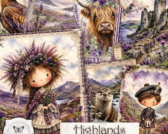 Scottish Highlands Junk Journal Kit, Highland Cow, Tartan Ephemera, Heather Journal Pages, Digital Download