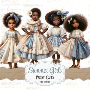 Zomer meisjes kieskeurig afdrukbare zwart meisje kortstondige Cottagecore Junk Journal vintage papieren poppen digitale rustieke zomer kortstondige uitsnijdingen