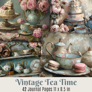 Páginas de diário de lixo para hora do chá, itens para impressão de bules de chá vintage, download digital para festa do chá, fundos de chá, xícaras de chá antigas, scrapbooking, itens efêmeros de chá