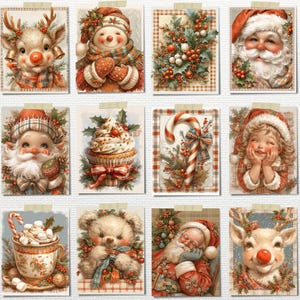 May include: A collection of twelve Christmas-themed cards. The cards feature festive illustrations of Santa Claus, reindeer, snowmen, cupcakes, candy canes, and a teddy bear. The color palette includes red, green, and cream tones, with plaid and floral accents.