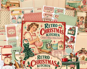 Könnte beinhalten: Eine Sammlung von druckbarem Papier für ein Retro Christmas Kitchen Junk-Journal-Set mit Illustrationen von Vintage-Küchengeräten, Festtagsrezepten, Einkaufslisten und einer Frau in einer grünen Schürze beim Plätzchenbacken.