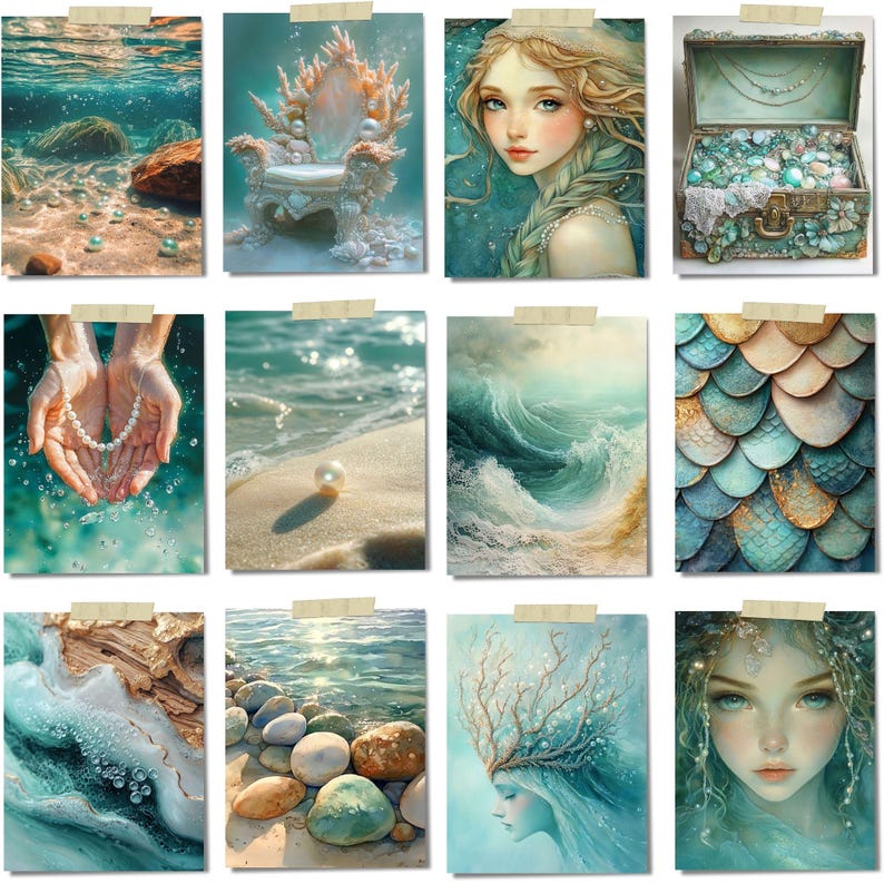 Op de afbeelding: Een verzameling van twaalf kunstprints met oceaan- en zeemeerminthema's. De prints tonen onderwater sc&egrave;nes, parels, een zeemeermin, een schelpentroon en een schatkist. Het kleurenpalet omvat tinten blauw, blauwgroen en goud, wat een grillige en etherische esthetiek cre&euml;ert.