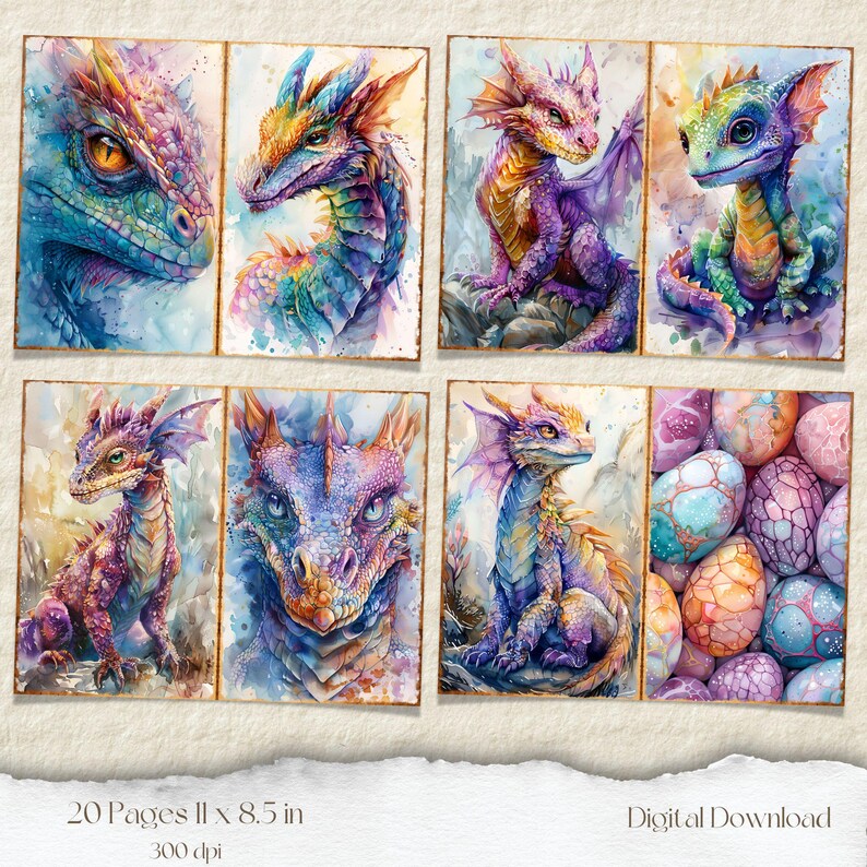 May include: A set of 20 printable pages featuring watercolor illustrations of colorful dragons and dragon eggs. The illustrations are in a whimsical style and would be perfect for a fantasy-themed project.