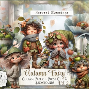 Może przedstawiać: Cyfrowy arkusz kolażowy zatytułowany Harvest Blessings i Autumn Fairy, przedstawiający postacie wróżek w jesiennych strojach, filiżankę z mchem i grzybami, duże kwiaty oraz liście. Zestaw zawiera różne elementy do wycięcia.