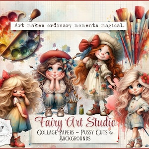 Fairy Fussy Cuts, papiery do kolaży, dziennik artystyczny, efemerydy w technice mieszanej, próbki farb do wydrukowania w tle, pobieranie cyfrowe