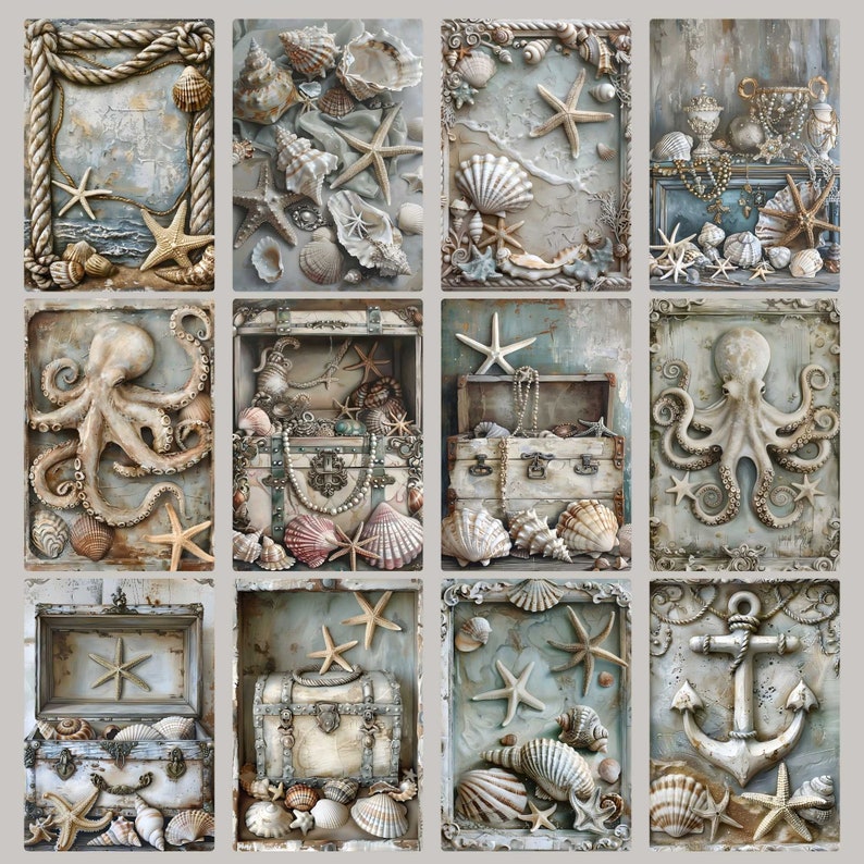 Shell Octupus Frame Nautical Junk Journal Pages: Vintage Maritime Ephemera (digital ...