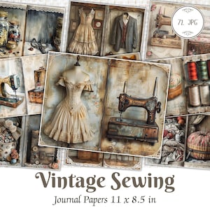 Pagine di diario di cucito vintage, kit digitale, effimeri di macchine da cucire, album di ritagli di cucito stampabili, sarta vittoriana, download immediato