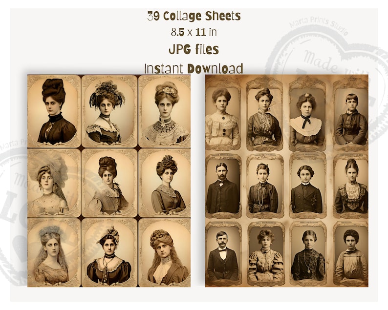 May include: A collage sheet with 39 vintage photographs of people in sepia tones. The images are arranged in a grid of 3 rows and 13 columns. The sheet is 8.5 inches by 11 inches.