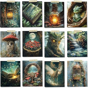 Peut inclure: Une collection de douze impressions d'art fantastiques, chacune repr&eacute;sentant des sc&egrave;nes fantaisistes. Les images pr&eacute;sentent une lanterne lumineuse, un livre recouvert de mousse, une bouteille de potion, un dragon, une maison champignon, une sc&egrave;ne de for&ecirc;t, une cascade, un livre ouvert, une cl&eacute;, un cerf et une cage &agrave; oiseaux.