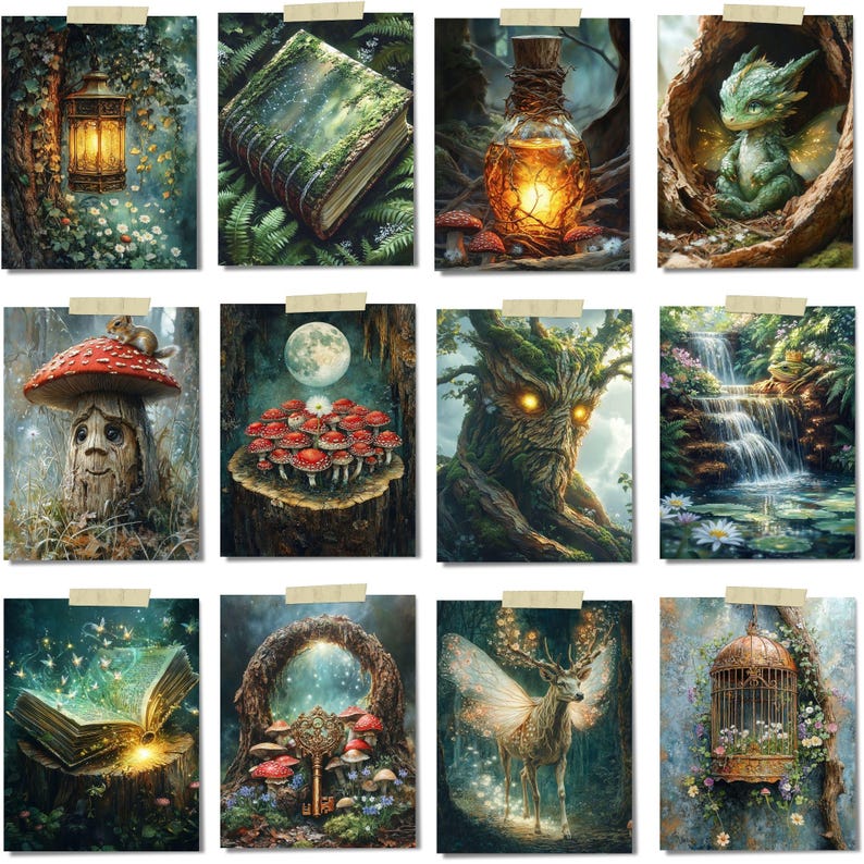 Peut inclure: Une collection de douze impressions d'art fantastiques, chacune repr&eacute;sentant des sc&egrave;nes fantaisistes. Les images pr&eacute;sentent une lanterne lumineuse, un livre recouvert de mousse, une bouteille de potion, un dragon, une maison champignon, une sc&egrave;ne de for&ecirc;t, une cascade, un livre ouvert, une cl&eacute;, un cerf et une cage &agrave; oiseaux.